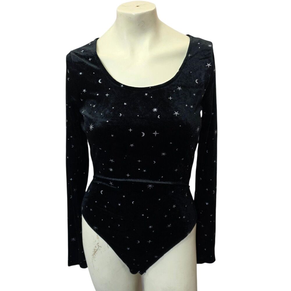 Wild Fable Velvet Celestial Bodysuit Black Stars Moon Open Back Size‎ S